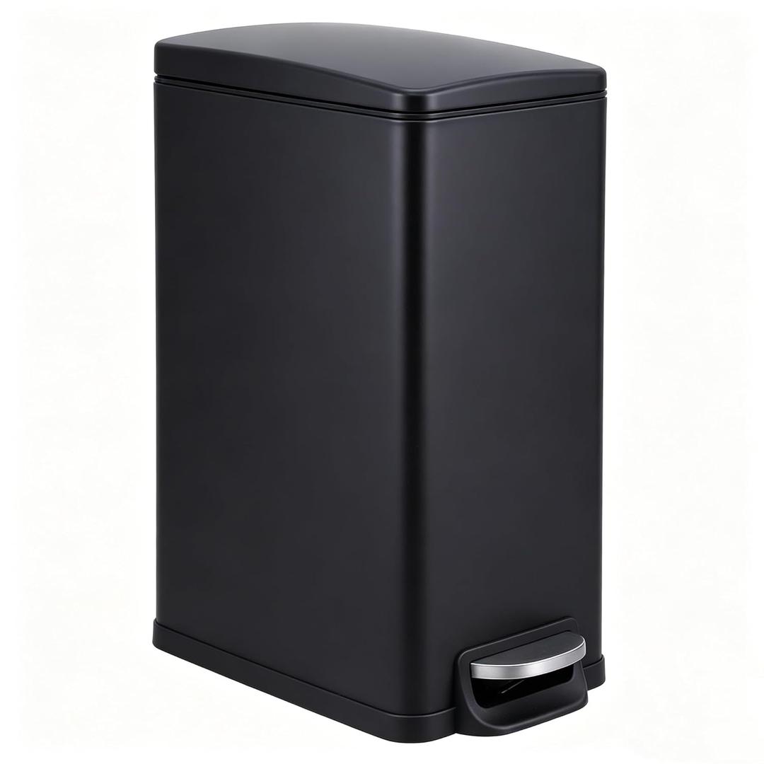 12 Gallon Kitchen Trash Can, Slim Stainless Steel Trash Can with Lid, Step-On Garbage Can with Inner Bucket, Soft Close, Narrow Space Saving Trash Bin for Kitchen Bathroom Office, Black