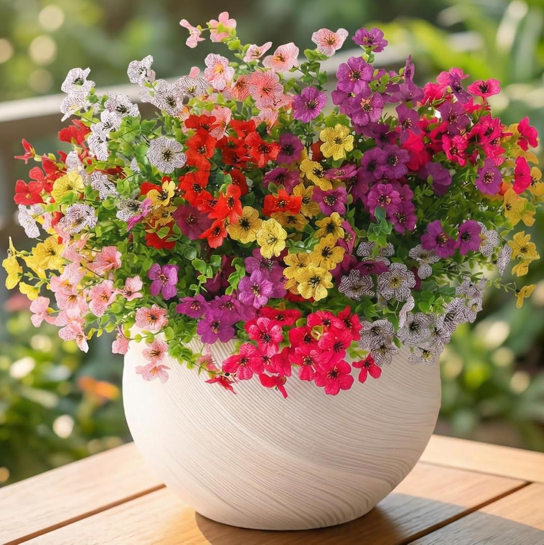 Artificial Flowers Faux Plants Outdoor Fake Flowers Spring Decor,12 Bundles Realistic Plastic Plant Colorful UV Resistant for Patio Home Yard GardenPlanters（white, pink, red, yellow, purple, Hot Pink）