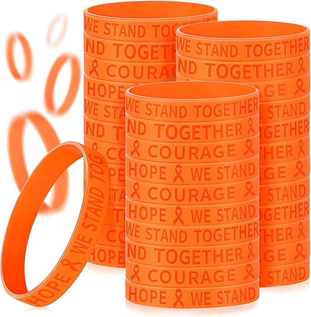 Junkin 100 Pcs Orange Ribbon Bracelets Leukemia Awareness Bracelet Kidney Cancer Adhd Lymphoma Cerebral Awareness Silicone Wristband for Public Activity Supplies