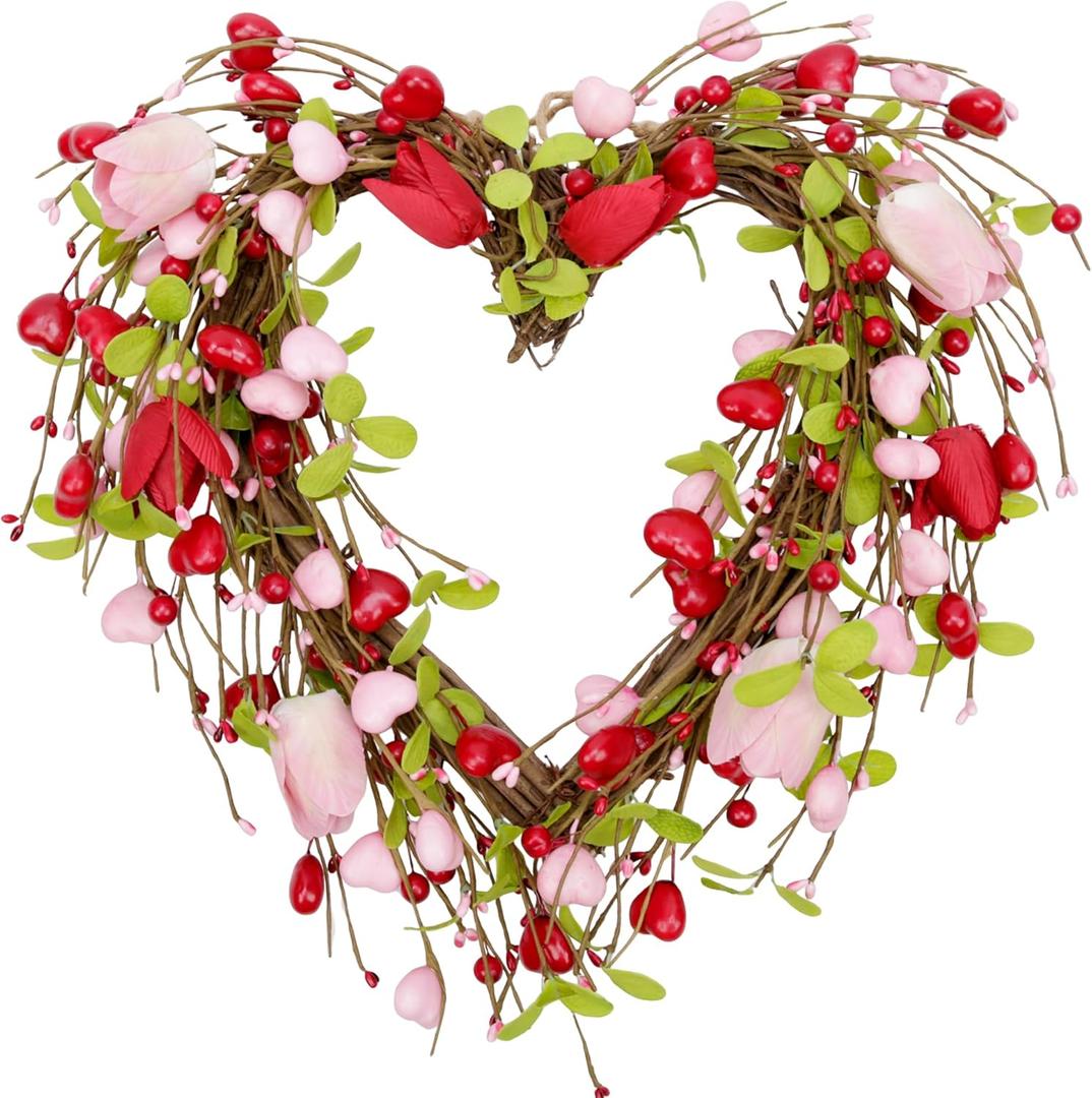 15 Inch Valentine's Day Wreath for Front Door Heart Wreaths Valentine's Day Decorations Pink Tulip Spring Wreath for Valentine's Day Gift Anniversary Wedding Home Decor (Red)