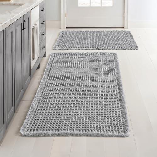 MIULEE Set of 2 Waffle Bathroom Rugs, Boho Bath Rugs Non Slip Washable, Super Absorbent Bath Mats, Ultra Soft Rubber Backed Shower Mats for Bathroom Floor, Tub and Shower, Light Grey, 17"x24"+18"x30"