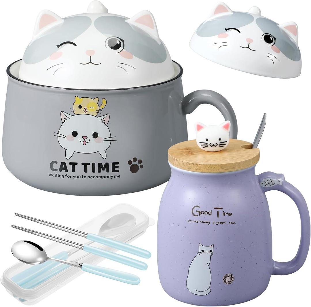 FoldTier Set of 2 Ceramic Cat Mug and Ramen Bowl with Lid 15.2 oz Microwave Cat Coffee Cup 34.5 oz Ramen Bowl with Lid Chopsticks Spoon for Christmas Birthday Gifts(Gray, Purple)
