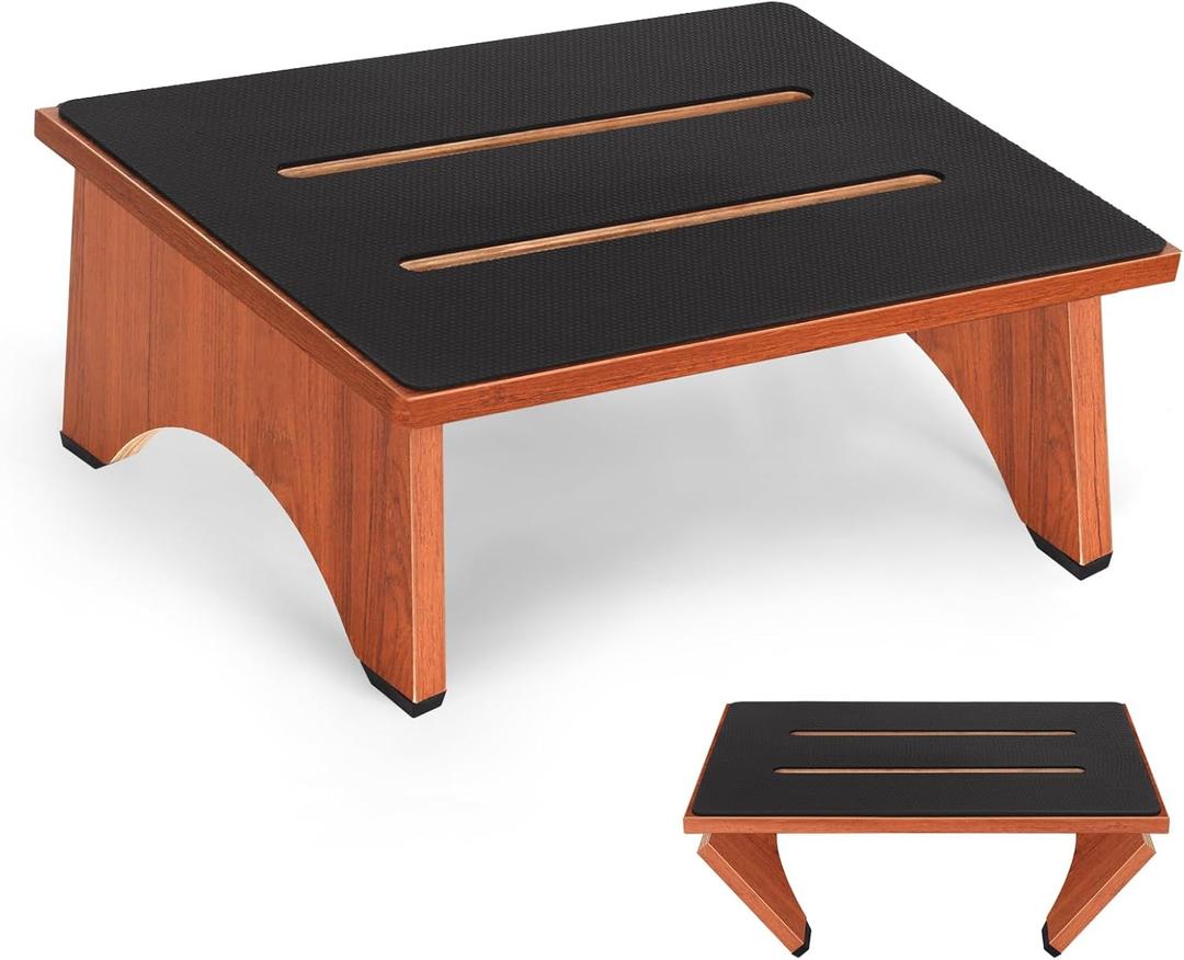 Step Stool Foldable, Wooden Step Stool with Non-Slip Rubber Stepping Platform, Folding Step Stools for Adults Seniors in Bedroom, Kitchen Bathroom, RV, Bed Steps for High Beds, No Assemble (Brown)