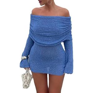Unybwonn Women's Off Shoulder Mini Short Dress Bodycon Long Sleeve Crochet Sexy Going Out Mesh Elegant Sweater Dresses L