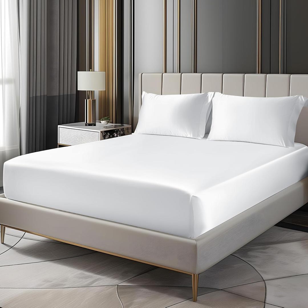 BEDELITE Satin Fitted Sheet and Pillowcases Set, Luxury Soft Similar to Silk Bottom Bed Sheet with Elastic Corner Straps, Deep Pocket up to 15 Inch, 1 Fitted Sheet and 2 Pillowcases (Full, White)