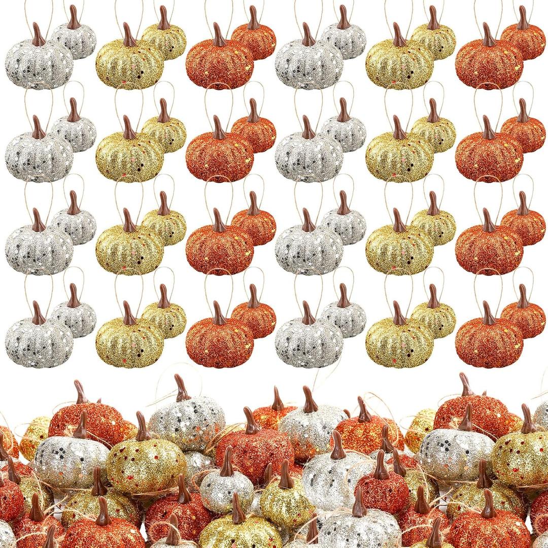 48 Pcs Thanksgiving Tree Decorations Fall Pumpkin Ornaments for Tree Small Artificial Glitter Pumpkin Hanging Ornaments for DIY Craft Harvest Farmhouse Fall Thanksgiving Decor(Classic Color)