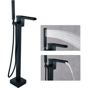 Free Standing Tub Faucet Black, Floor Mount Freestanding Bathtub Faucets, Brass Stand Alone Tub Filler, Waterfall High Flow Bathtub Shower Mixer Tap,SFRT-MB