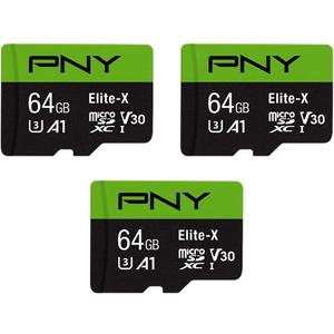 PNY 64GB Elite-X Class 10 U3 V30 microSDXC Flash Memory Card, 3 Count (Pack of 1) - 100MB/s, Class 10, U3, V30, A1, 4K UHD, Full HD, UHS-I, Micro SD