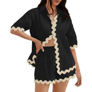 ZESICA Women's Button Down Pajama Set Line Short Sleeve Shirt and Shorts Pj Lounge Sets Sleepwear with Pockets (Black, M)