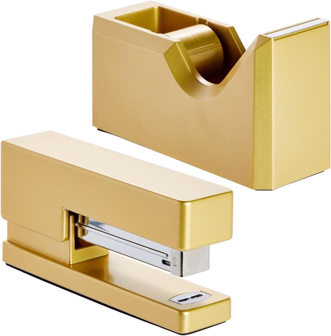 Paper Junkie 2 Piece Matte Gold Stapler and Tape Dispenser Set for Home Office Decor, Classroom Supplies, Desk Accessories for Dorm Room, Students, Teachers, Office Organization - Gold Tape Dispenser