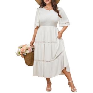SCOMCHIC Women's Plus Size Maxi Dress Casual Crewneck Smocked Boho Elegant Hollow Out Summer Wedding Guest Dresses White (XL)
