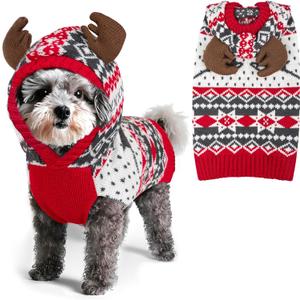 KYEESE Dog Christmas Sweater, Warm Dog Sweater for Small Dogs Boy Girl with Cute Reindeer Antler Hood, Soft Knitwear with Leash Hole, Cozy Holiday Pet Outfit for Winter, Large (Large (11-19lbs))