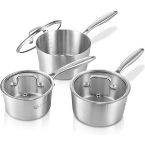 LOLYKITCH 1.5-2.5-3.0 QT, Tri-Ply Stainless Steel Saucepan Set of 3,Induction Cooking Pots,Sauce Pots with Lids,Pots and Pans Set,Detachable Handle and Dishwasher Safe.