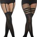 MANZI Faux Thigh High Tights Mock Suspender Pantyhose Striped Goth Fishnets Pack of 2 (One Size)