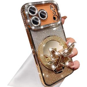 Magnetic Glitter Case for iPhone 17 Pro Max,[Compatible with MagSafe] Bling Sparkly Diamond with Camera Protector&Butterfly Kickstand&Makeup Mirror Women Girls Case for iPhone 17 Pro Max,Gold