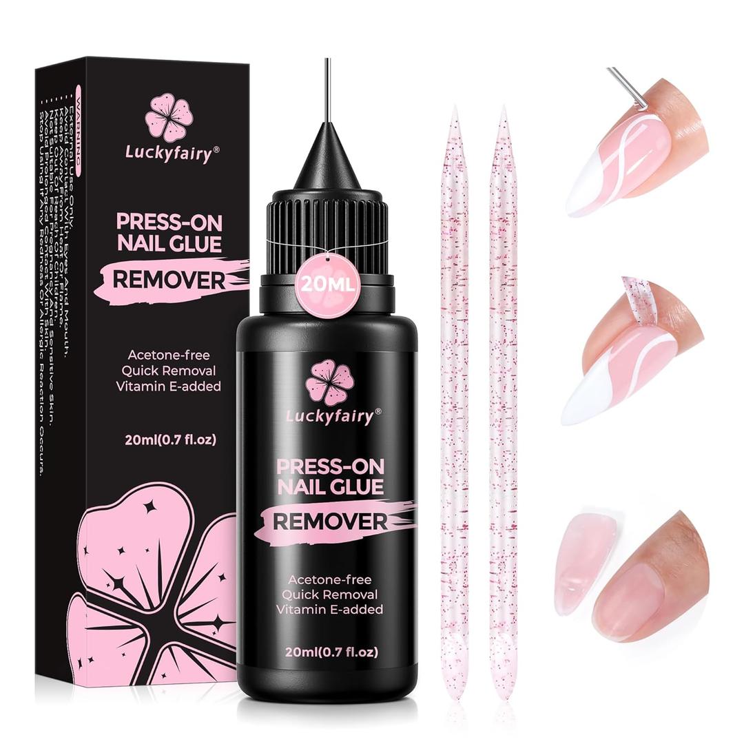 Luckyfairy Pinpoint Nail Glue Remover: 20ml Press on Nail Remover with Cuticle Pusher, Gentle Glueoff, Quick Nail Remover for Nails Tips, NonAcetone Nail Polish Remover, Not for Gel Polish