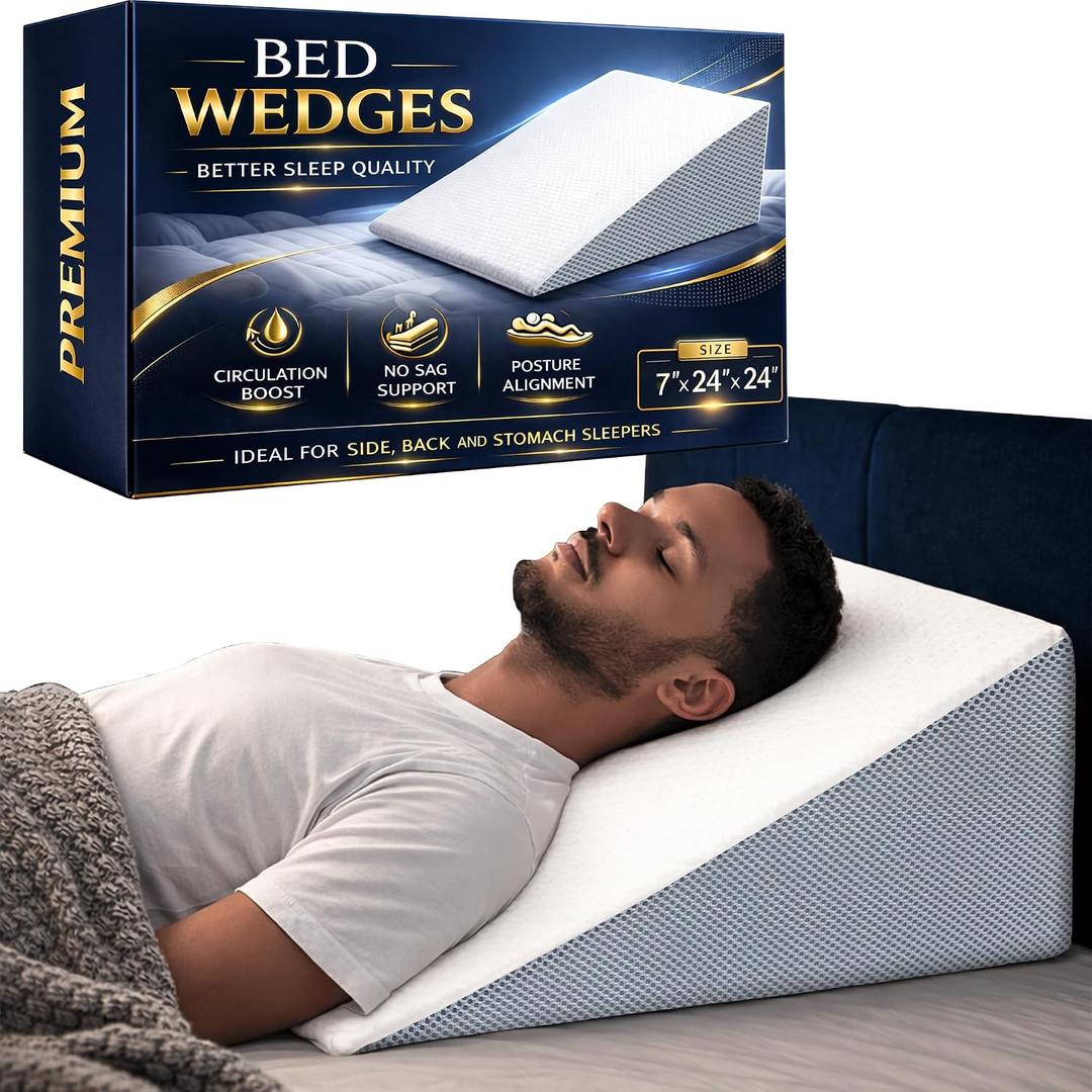 Greaton, Elevated Bed Wedge Pillow for Back Support, Acid Reflux, Leg, Neck Pain, Snoring, Triangle Pilow | Incline Shape for Improved Sleep | Chic Jacquard Cover, 7”x24”x24”, White, 24"x24"x7"