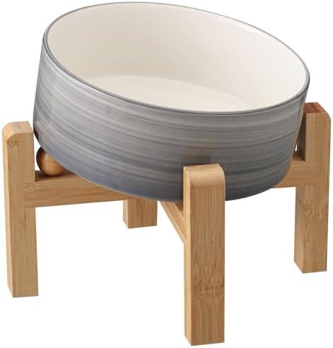 Addggo Elevated/Raised 15°Tilted Anti Slip Ceramic Dog Bowl for Medium & Large Breeds,Slanted Bulldog Big Face Pet Food Water Feeding Dish with Stand (7.6 Cups/60OZ) Grey White