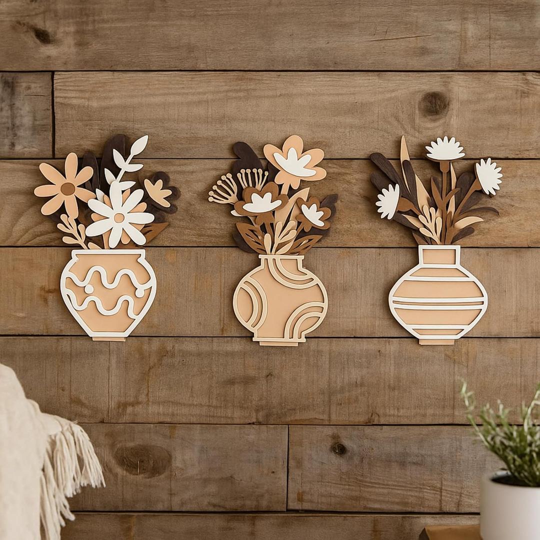 AceOrbit 3 Pcs 3D Wooden Flowers Wall Art Rustic Farmhouse Flower Vase Table Decor DIY Minimalist Boho Plants Bouquet Decors for Living Room Bathroom Bedroom Housewarming Christmas Mother's Day Gift
