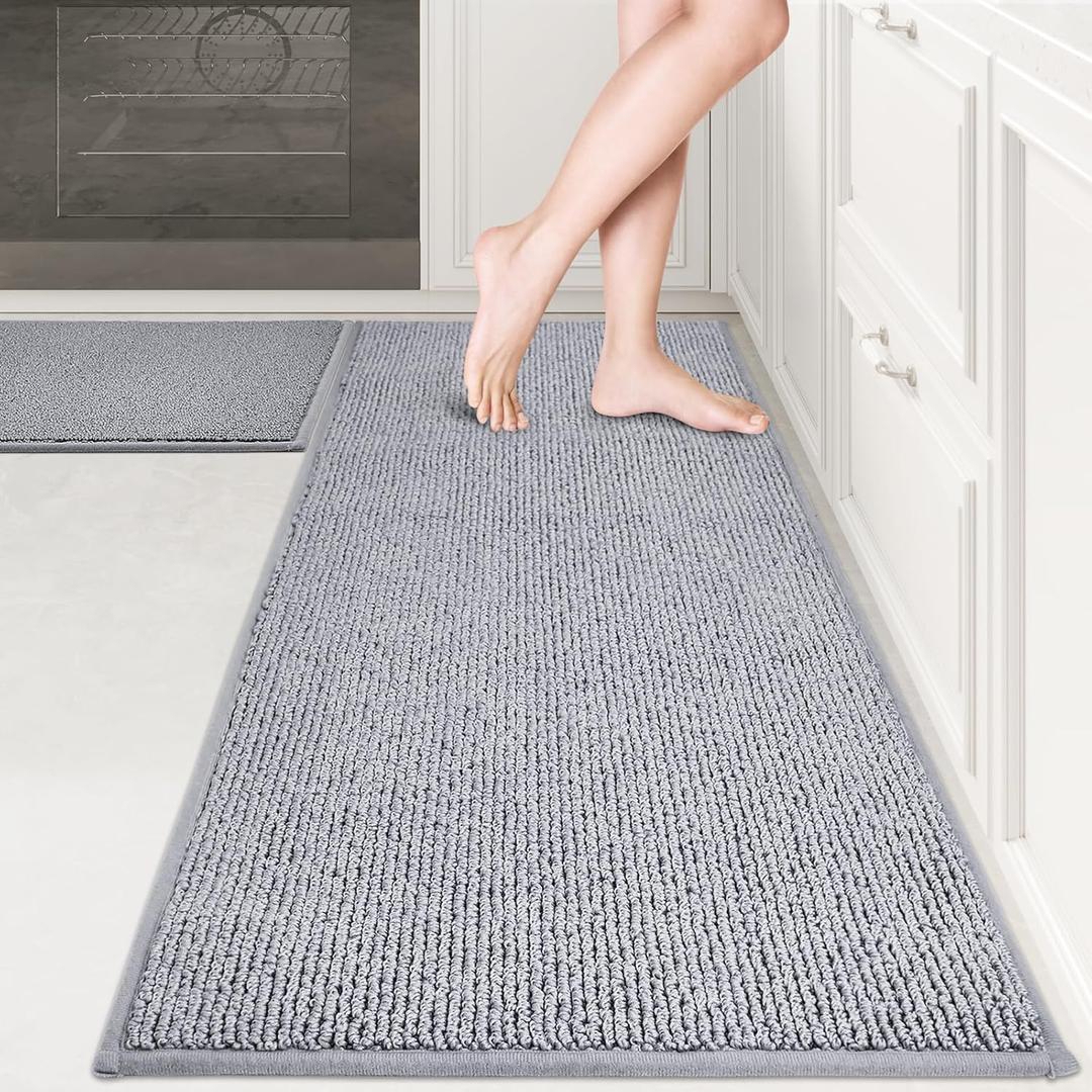 PURRUGS Machine Washable Kitchen Rug Set [2 PCS] (24" x 36"+ 24" x 60"), Non-Slip/Skid Kitchen Runner Rugs & Floor Mats, Super Absorbent Soft Area Rugs for Sink, Kitchen & Laundry, Grey
