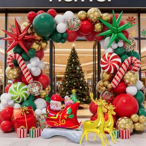 Christmas Balloon Garland Arch kit with Red White Green Gold Balloons, Confetti Balloons, Candy, Cane, Elk, Gift Box, Explosion-Star, Santa-Claus Sleigh Foil Balloons for Xmas Party Decorations
