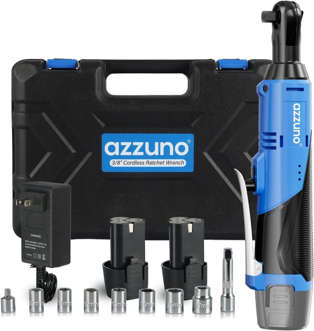 AZZUNO 3/8" Electric Ratchet Wrench Set 30 Ft-lbs Cordless Ratchet Wrench 300 RPM Power Ratchet Tool Kit with 2 x 2000mAh Lithium-Ion Battery, Fast Charger, 7 Sockets and 3" Extension Bar (Blue)