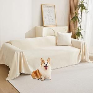 Boho Couch Cover Beige Sofa Covers with White Tassel Farmhouse Sofa Slipcover Simple Couch Protector for Dogs Chenille Sectional Couch Covers L Shaped Couch Cushion Covers, 91"x 134"