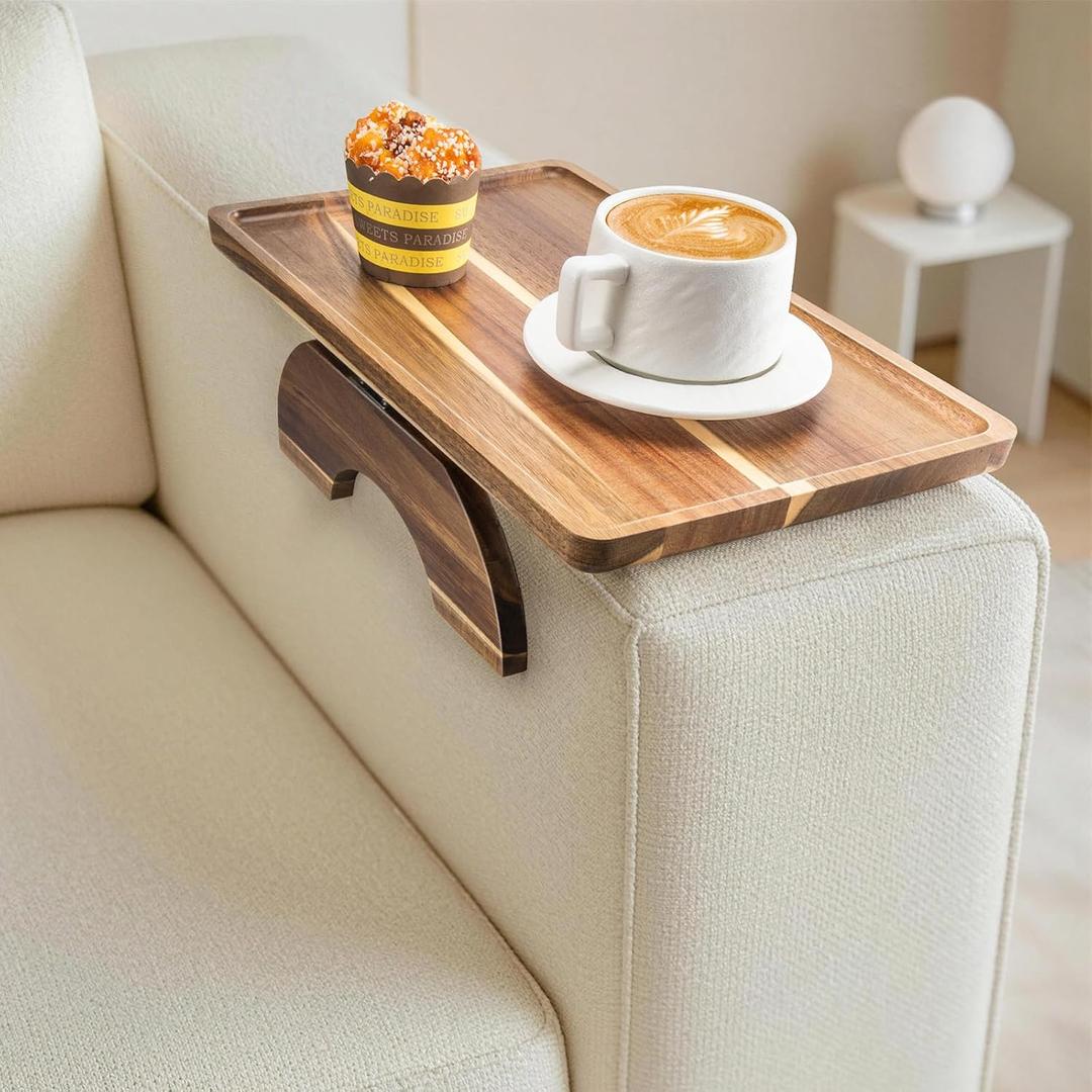 Acacia Wood Sofa Arm Tray, Folding Clip-On Couch Arm Tray, Sofa Armrest Trays for Drinks, Snacks, Phone, Remote Control