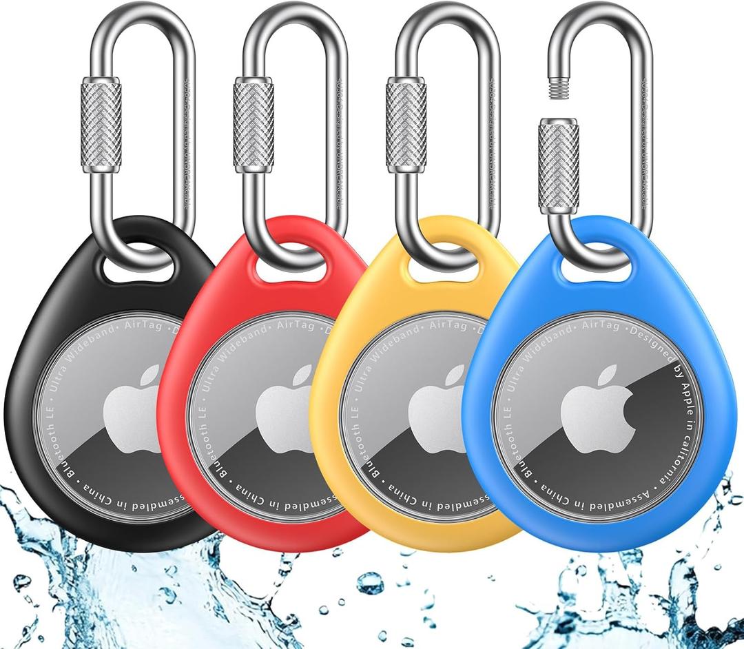 UNBREAKcable AirTag Holder for Apple - 4 Pack Air Tag Case [Professional Carabiner] [Waterproof] [Shockproof] TPU AirTag Keychain for Kids, Pets, Keys, Luggage, Backpacks (Black+Red+Yellow+Blue)