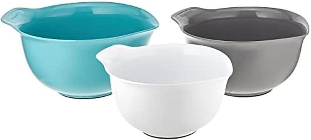 KitchenAid Universal Nesting Plastic Mixing Bowls, Set Of 3, 2.5 quart, 3.5 quart, 4.5 quart, Non Slip Base with Easy Pour Spout to Reduce Mess, Dishwasher Safe, Aqua Sky, White, Gray