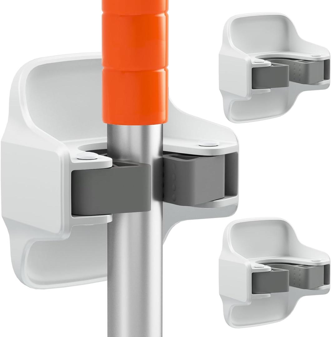 reliahom 3 Pack Broom Holder Wall Mount Mop Grippers No Drilling Self Adhesive Anti-Slip Mop Handle Hanger Dustpan and Broom Organizer Garage Storage Racks-White