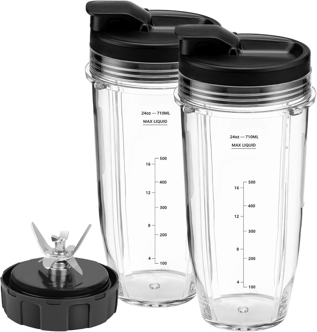 Blender Replacement Parts 24oz Ninja Blender Cups with To-Go Lids, 7 Fins Extractor Blade, Compatible with Nutri Ninja Auto iQ Blenders BL2012 BN801 BL480 BL642 BL682 NN102 NN100