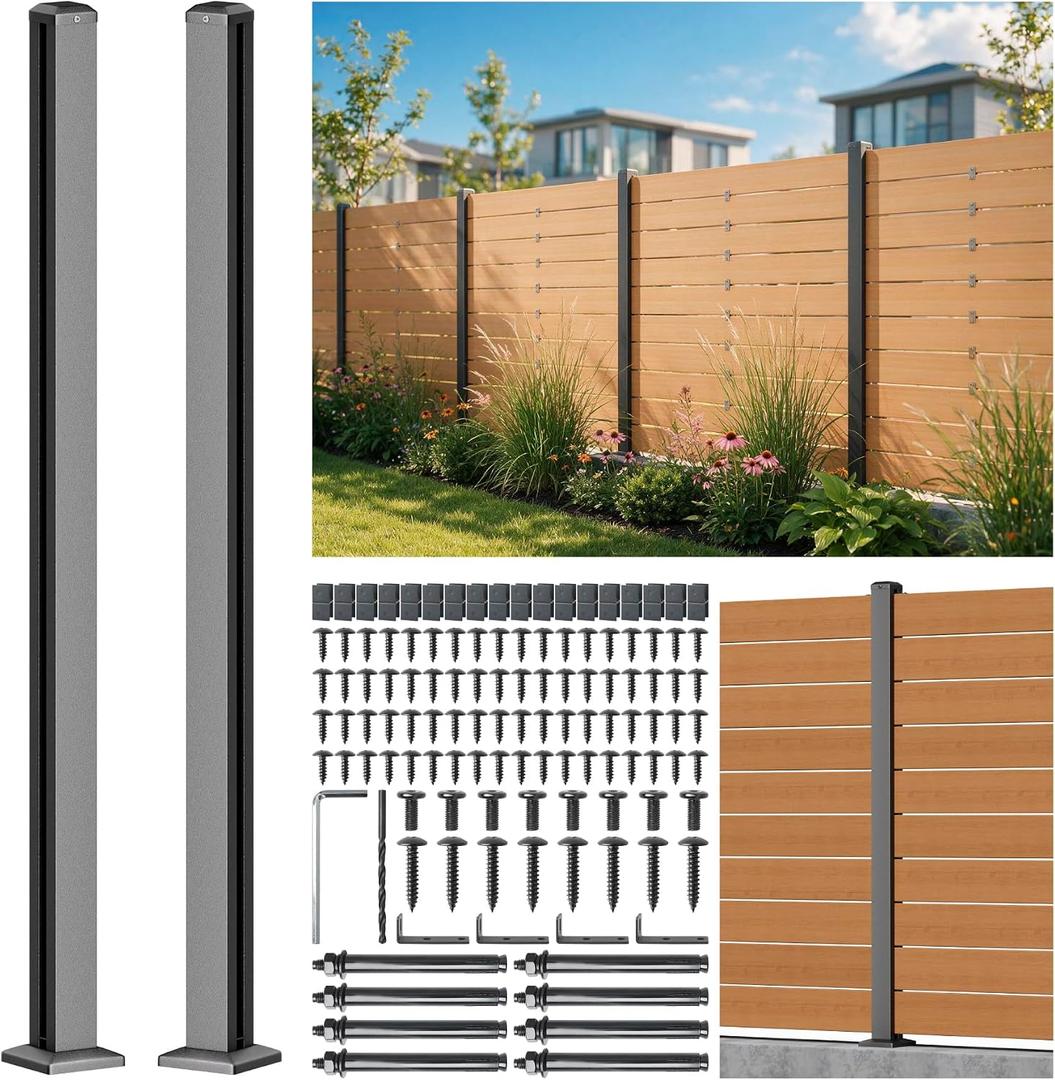 5FT 201 Stainless Steel Heavy Duty Fence Post for Wood Slats(Serial Post), Outdoor Ground Install Wooden Privacy Fence Panels Posts Matte Black 2Pack