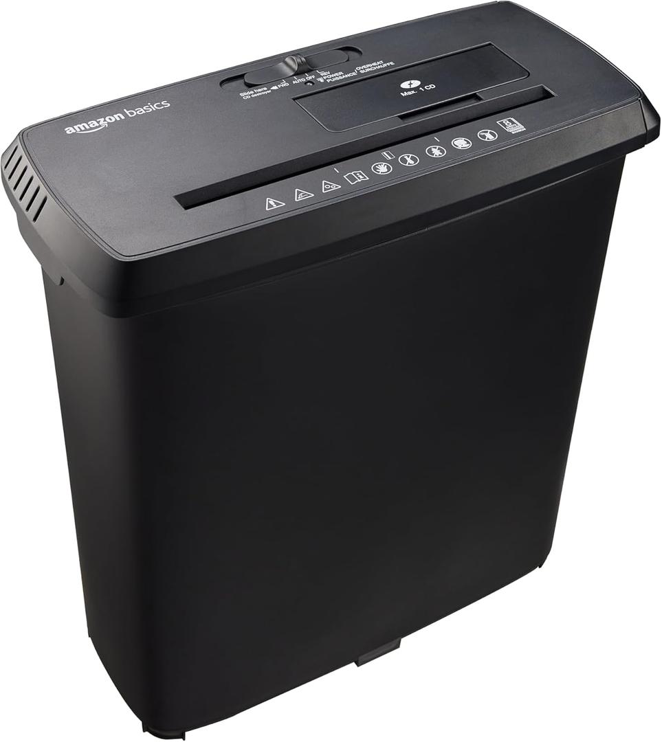 Amazon Basics 8-Sheet Strip Cut Paper Shredder for Home and Office, CD/Credit Card Shredder, 3.4 Gallon Bin, Black