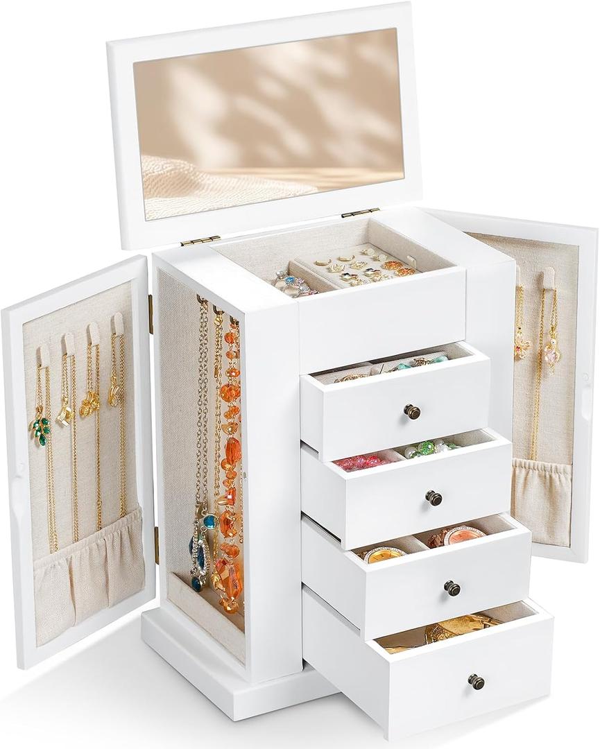 Emfogo Jewelry Box for Women, 5 Layer Large Wood Jewelry Boxes & Organizers for Necklaces Earrings Rings Bracelets, Rustic Jewelry Organizer Box with Rattan, Drawers and Mirror(Vintage White)