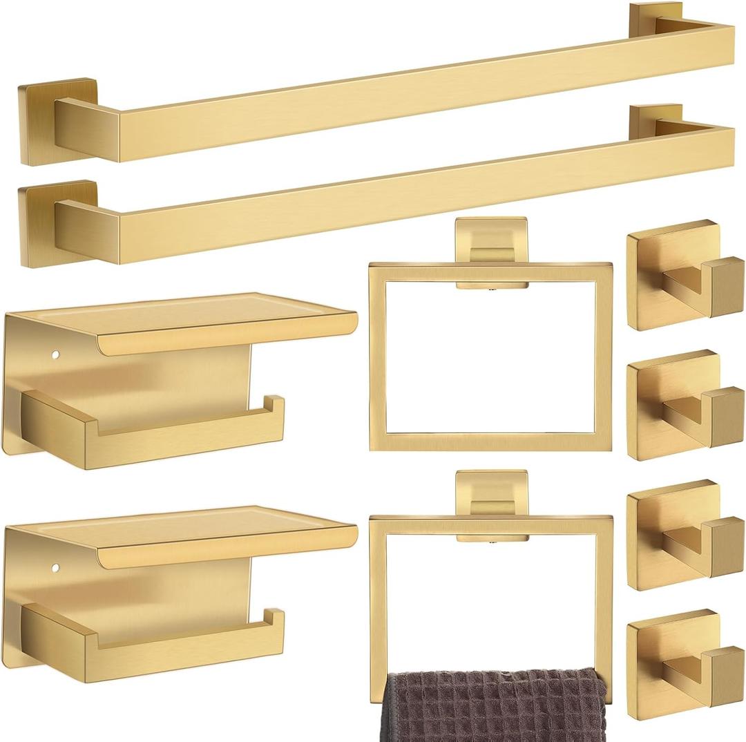 Blulu Bathroom Accessories Set 23.6 Inch Toilet Paper Holder with Phone Shelf Bathroom Hardware Set Towel Ring Robe Hook Stainless Steel Towel Holder Kit Wall Mounted(Gold,10 Pcs)