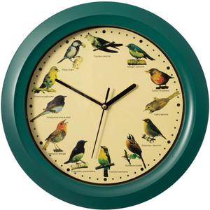 Clockswise 12" Round Decorative Singing Bird Wall Clock Battery-Operated with Wild Nature Sounds Hourly Chime (Green)