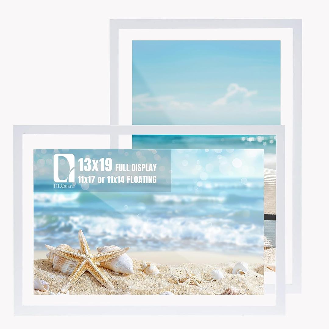 DLQuarts 13x19 Floating Picture Frame for 11x17/11x14 Photos, 2-Pack Solid Wood Double Plexiglass Wall Art Frames, Any Size Photo up to 13x19 Display, White