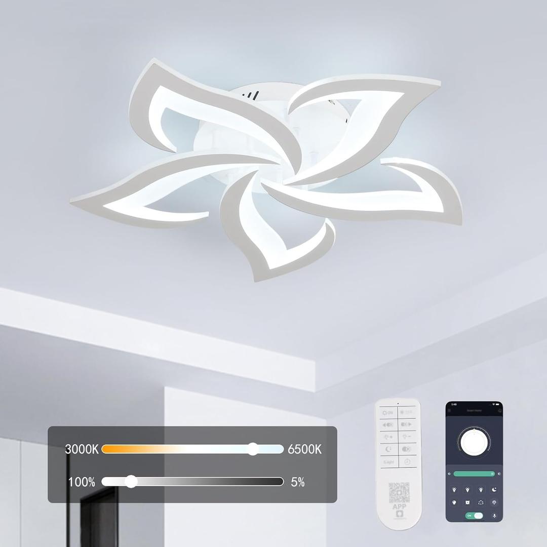 Goeco Dimmable Ceiling Light, White 5-Petals Flower Design Flush Mount Ceiling Lights Fixture, 3000K-6500K LED Acrylic with APP/Remote Control for Bedroom, Dining Room, Living Room, Kitchen (White-5 Petal-Dimmable)