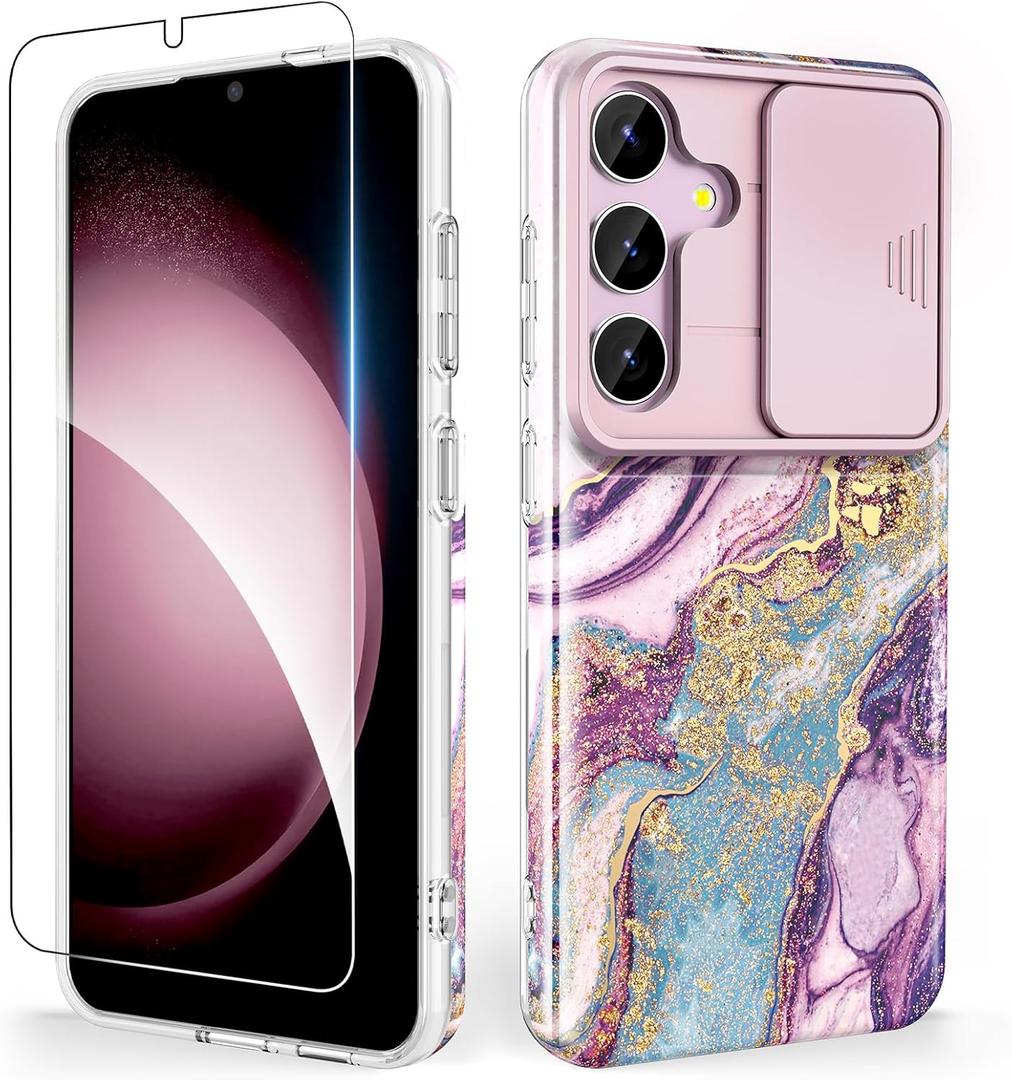 SHEDEER for Samsung Galaxy S24 Case with Slide Camera Cover & Screen Protector, Samsung S24 Case Anti-Yellowing Chic Pattern, Shockproof Anti-Scratch Slim Thin Phone Cover S24 6.2'', River Purple