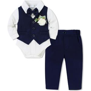 SANMIO Baby Boy Clothes Suits Infant Gentleman Outfit Collared Dress Shirt+Vest+Tie+Corsage+Pants 5Pcs Baby Suit Sets (6-12 Months, Navy Blue)
