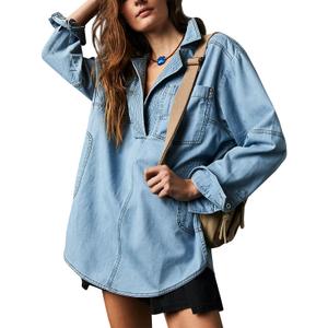 Fazortev Women's Denim Pullover Casual Button V Neck Blouse Loose Fit Long Sleeve Jean Jacket With Pocket (X-Large, Blue)