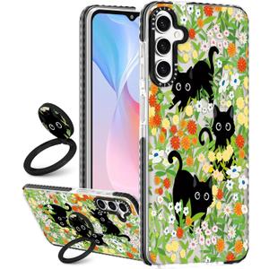 Boaretiu Cute Kawaii Case for Samsung Galaxy S24 Plus Case with Kickstand - Fashion 360 Sticky Rotate Ring Holder Design for Women Girls Girly for Galaxy S24 Plus, Cat Flower