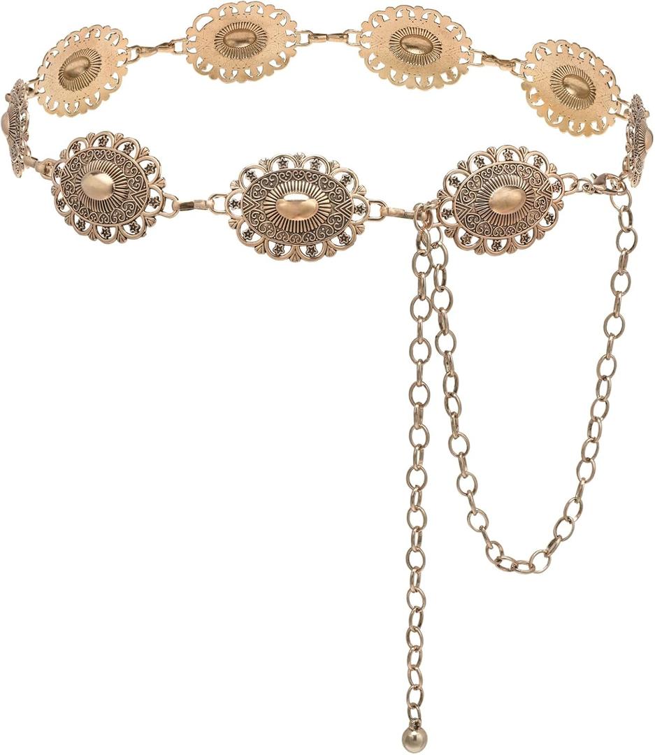 YGR Western Belts for Woman Cowgirl Metal Concho Chain Belts for Dresses Jeans Trousers Country Concert Outfit (Length 45" (28"+extended chain 17"), Bronze02)