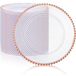 Hoolerry 50 Pack Clear Charger Plates Bulk 13 Inch Plastic Round Beaded Dinner Chargers Acrylic Frosted Grain Decorative Service Plates for Wedding Party Event, Home and Kitchen Tabletop (Rose Gold)