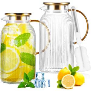 Glass Pitcher with Lid,2 PACK 64 oz/1.9 Liter Stripes for Fridge,Iced Tea,Cold Brew,Sangria,Lemonade,Heat Resistant Borosilicate Water Jug for Hot/Cold Drinks and Milk,Glass Water Carafe