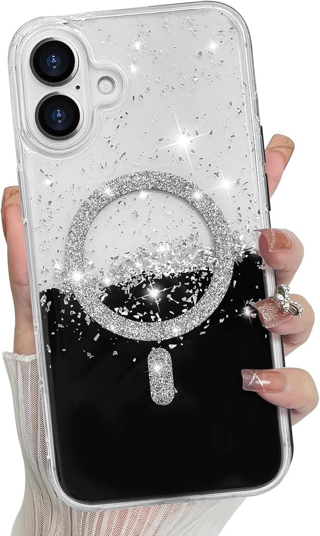 Bonoma for iPhone 16 Plus Case Sparkly Glitter Bling Back, Magnetic Support for MagSafe Shockproof, Crystal and Clear High-Duty Protection for Girls Women-Black