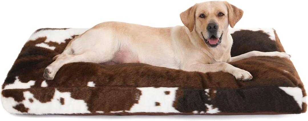 Bedfolks Waterproof Dog Crate Bed, Plush Dog Bed with Removable Washable Cover, Faux Fur Dog Crate Pad for XXL Dogs, Fluffy Dog Kennel Bed 47"x29", Cow Print