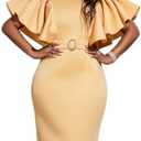 AOMEI Women's Khaki V Neck Ruffles Sleeve Rhinestone Buckle Bodycon Knee Length Dress, 4XL