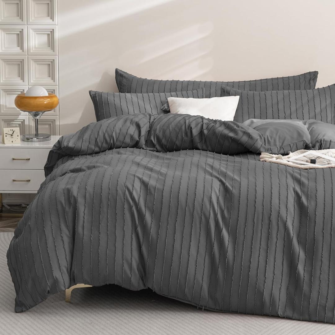 JELLYMONI Duvet Cover Queen Size Dark Grey - 3PCS Boho Striped Duvet Cover Set Polyester Tufted Bohemian Textured Comforter Cover 9090in with Corner Ties & Zipper and 2 Pillowcases